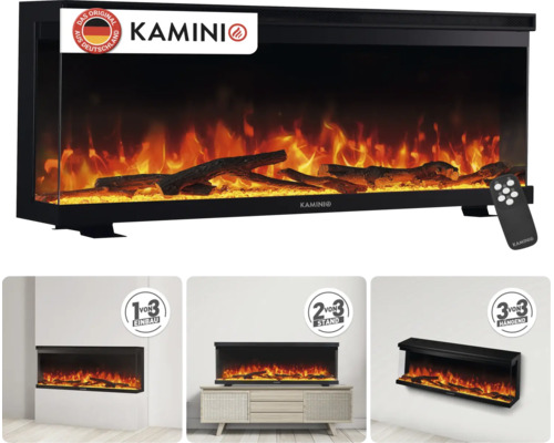 Elektrischer Kamin von Kamini mit realistischer Flammenoptik und Fernbedienung, geeignet für Einbau, Standmontage oder Wandmontage.