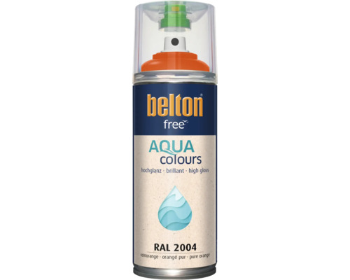 Belton free Aqua Colours Sprühlack in Reinorange RAL 2004, hochglänzend, wasserbasierter Lack für innen und außen.