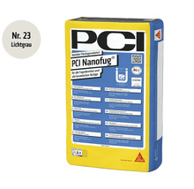 PCI Nanofug flexibler Fugenmörtel in Lichtgrau zur Verfugung von keramischen Belägen mit Sika Logo.