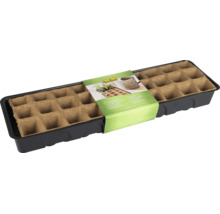 Anzuchtplatte von FloraSelf mit biologisch abbaubaren Anzuchttöpfen in einer Kunststoffschale