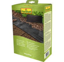 FloraSelf Klima-Unkrautfolie mit den Maßen 10 Meter mal 0,9 Meter zur Unterdrückung von Unkraut im Garten in der Produktverpackung.