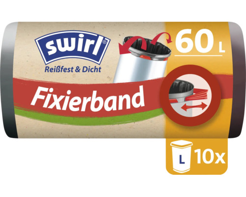 Swirl Müllbeutel mit 60 Liter Fassungsvermögen und Fixierband, 10 Stück pro Rolle.