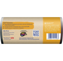 Produktverpackung von Swirl Müllbeuteln mit Informationen zum Produktnutzen, Nachhaltigkeit, Zertifizierungen und Sicherheitshinweisen.