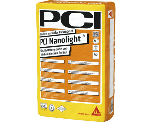 Sack PCI Nanolight leichter variabler Flexmörtel für alle Untergründe und keramische Beläge innen und außen.