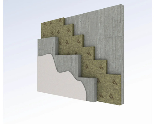 Stufenartiger Wandaufbau mit Betonwand und Ursa Dämmplatten zur Wärmedämmung.