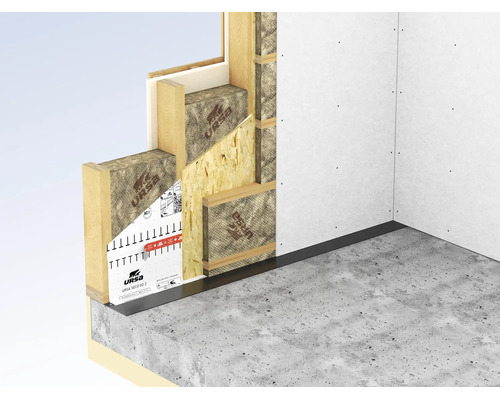 Querschnitt einer Holzwand mit Dämmung und Dampfbremse sowie OSB Platten und Gipskartonplatten als Ansicht des Wandaufbaus für den Holzbau.