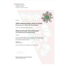 Zertifikat für das Österreichische Umweltzeichen für Ursa Dämmsysteme Austria GmbH Mineralische Wärmedämmstoffe.