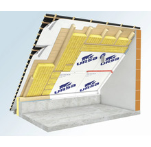 Schnittmodell einer Dachdämmung mit URSA SECO Dampfbremsfolie und Mineralwoll-Dämmstoff zwischen den Dachsparren.