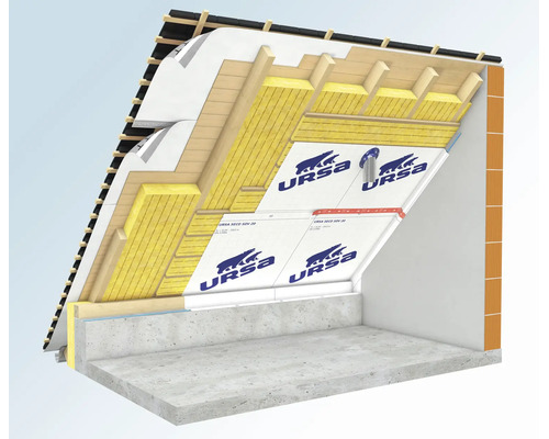 Schnittmodell einer Dachdämmung mit URSA SECO Dampfbremsfolie und Mineralwoll-Dämmstoff zwischen den Dachsparren.