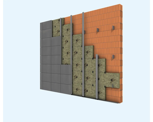 Darstellung einer hinterlüfteten Fassade mit Ziegelmauerwerk, Mineralwolledämmung von Ursa, Unterkonstruktion und Fassadenplatten.