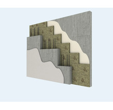 Darstellung eines Wandaufbaus mit Ursa Dämmplatten, Beton und Putzschichten in einer mehrschichtigen Querschnittsansicht.