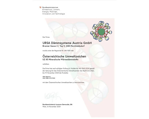 Zertifikat für das Österreichische Umweltzeichen für Ursa Dämmsysteme Austria GmbH Mineralische Wärmedämmstoffe.