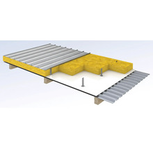 Darstellung eines Flachdachaufbaus mit Trapezblech, Wärmedämmung und Trägerkonstruktion.