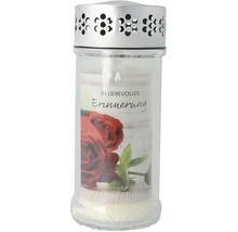 Grablicht in Glas mit Deckel und Aufdruck In liebevoller Erinnerung mit Rosenmotiv