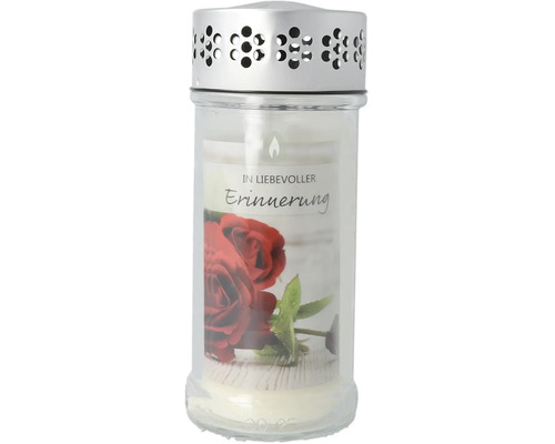 Grablicht in Glas mit Deckel und Aufdruck In liebevoller Erinnerung mit Rosenmotiv