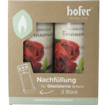Set mit zwei Grablichtern zum Nachfüllen für Glaslaternen Brillant mit Rosenmotiv und Aufschrift In liebevoller Erinnerung von Hofer Friedlicht