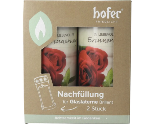 Set mit zwei Grablichtern zum Nachfüllen für Glaslaternen Brillant mit Rosenmotiv und Aufschrift In liebevoller Erinnerung von Hofer Friedlicht