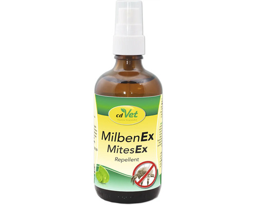 cdVet MilbenEx Milbenschutz Spray in einer Braunglasflasche mit Sprühkopf.