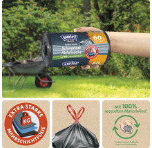 Swirl Pro Schwerlast Abfallsäcke, 60 Liter, 12 Stück, reißfest und dicht, aus 100 Prozent recyceltem Kunststoff mit praktischem Zugband.