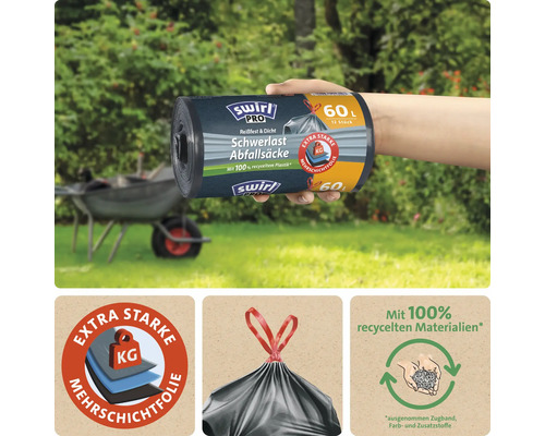 Swirl Pro Schwerlast Abfallsäcke, 60 Liter, 12 Stück, reißfest und dicht, aus 100 Prozent recyceltem Kunststoff mit praktischem Zugband.