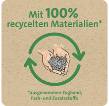 Symbol für ein Produkt aus 100 Prozent recycelten Materialien, ausgenommen Zugband, Farb- und Zusatzstoffe.