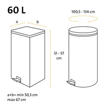Technische Zeichnung eines sechzig Liter Abfalleimers mit Bemaßungen für eckige und runde Modelle