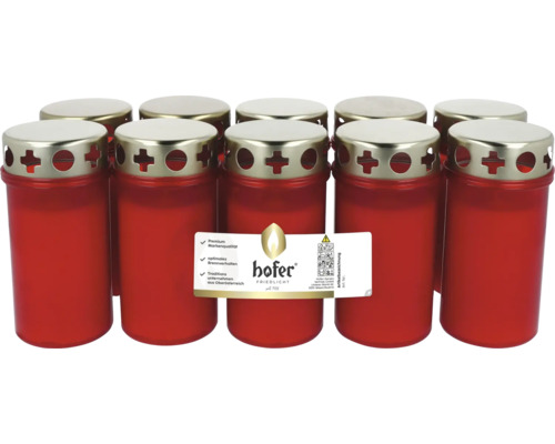 Set aus roten Grablichtern mit Metalldeckel und Hofer Logo Label