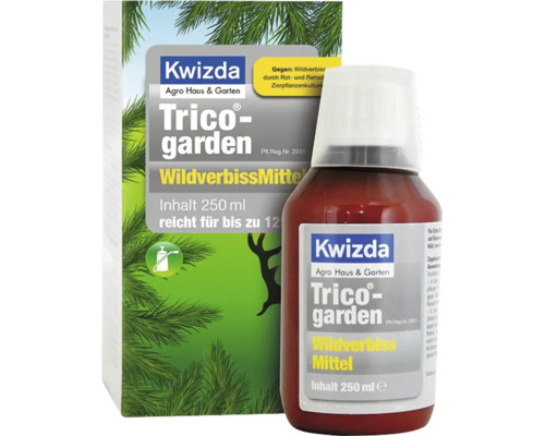 Kwizda Trico-garden Wildverbissmittel in der 250 Milliliter Flasche mit Faltschachtel zum Schutz von Zierpflanzen vor Wildverbiss.