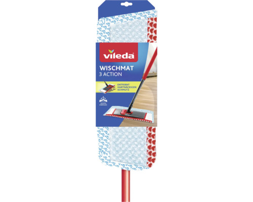 Vileda Wischmat 3 Action Wischbezug auf einem Bodenwischer, geeignet für hartnäckigen Schmutz und einfaches Anbringen.