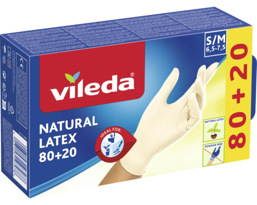 Vileda Natural Latex Handschuhe Größe S/M in der Vorratspackung mit 100 Stück Inhalt.