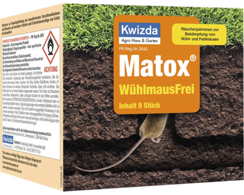 Kwizda Matox WühlmausFrei Räucherpatronen zur Bekämpfung von Wühl- und Feldmäusen in einer Packung mit 9 Stück.