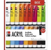 Set mit 18 Tuben Marabu Acrylfarbe jeweils 36 Milliliter Inhalt für kreative Kunstprojekte und Malarbeiten auf verschiedenen Untergründen.