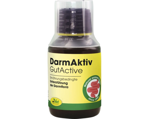 Flasche cdVet DarmAktiv zur ernährungsbedingten Unterstützung der Darmflora bei Tieren mit Messbecherkappe