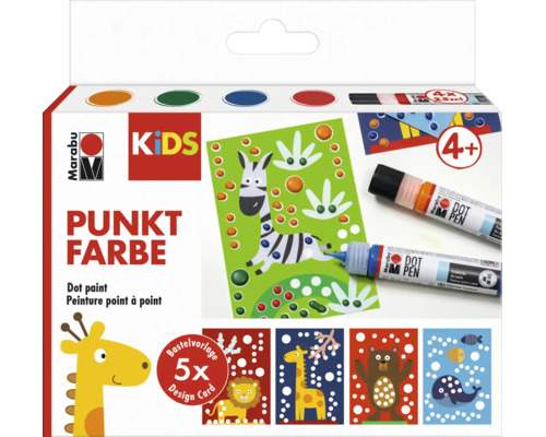 Marabu Kids Punktfarbe Set mit 4 Punktstiften und 5 Bastelvorlagen fuer Kinder ab 4 Jahren zum kreativen Gestalten mit Puenktchen.