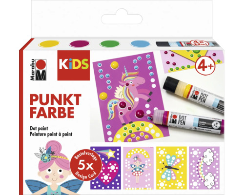 Marabu Kids Punktfarbe Set mit 4 Dot Pens, 5 Bastelvorlagen und einer Anleitung für Kinder ab 4 Jahren.