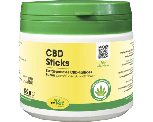 Dose mit 300 Gramm kaltgepressten CBD Sticks von cdVet als Ergänzungsfuttermittel für Tiere