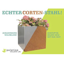 Quadratischer Pflanzkübel aus Cortenstahl von Palatino Exclusive Line, walzblank geliefert mit sich entwickelnder Rostoptik.