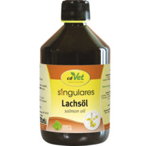 Eine Flasche cdVet Singulares Lachsoel fuer Haustiere als natuerliches Ergaenzungsfuttermittel.