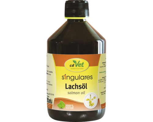 Eine Flasche cdVet Singulares Lachsoel fuer Haustiere als natuerliches Ergaenzungsfuttermittel.