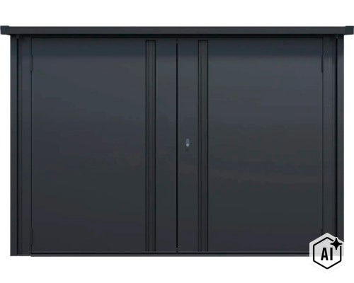 Metall Gartenschrank mit Doppeltüren und Schloss für die sichere Aufbewahrung im Außenbereich. (Image AI modified or generated)