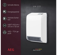 AEG Schnellheizer VH 213 zur Wandmontage mit Kontrollanzeige und Produktdaten zur Energieeffizienz und Sicherheit.