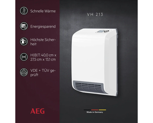 AEG Schnellheizer VH 213 zur Wandmontage mit Kontrollanzeige und Produktdaten zur Energieeffizienz und Sicherheit.