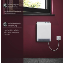 Wandheizlüfter mit programmierbaren Nutzungszeiten und Fenster-offen-Erkennung zur automatischen Abschaltung an einer Wand montiert.