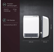 Wandheizlüfter mit technischen Daten und Abmessungen 40 Zentimeter mal 27,5 Zentimeter mal 13,1 Zentimeter bei 2,5 Kilogramm Gewicht.