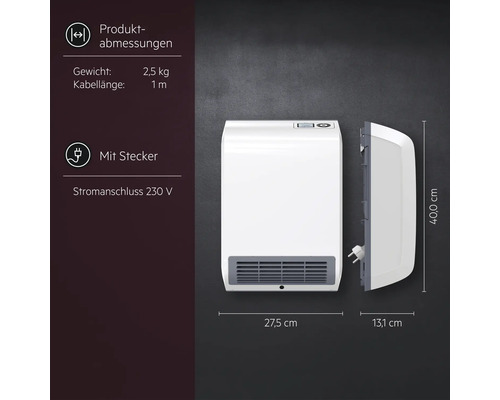 Wandheizlüfter mit technischen Daten und Abmessungen 40 Zentimeter mal 27,5 Zentimeter mal 13,1 Zentimeter bei 2,5 Kilogramm Gewicht.