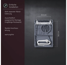Rückansicht eines Durchlauferhitzers mit Montagehinweisen, separater Wandhalterung und Maßen von 20,2 Zentimeter Breite und 36,5 Zentimeter Höhe.