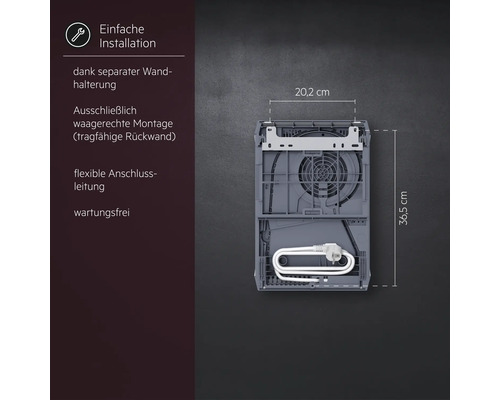 Rückansicht eines Durchlauferhitzers mit Montagehinweisen, separater Wandhalterung und Maßen von 20,2 Zentimeter Breite und 36,5 Zentimeter Höhe.