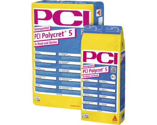 Zwei Säcke PCI Polycret 5 Betonspachtel für Wand und Decke zum Ausgleichen von Untergründen im Innen- und Außenbereich.
