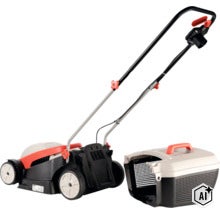 Elektrischer Rasenmäher mit Grasfangkorb für die Rasenpflege im Garten. (Image AI modified or generated)