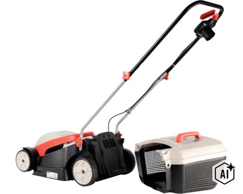 Elektrischer Rasenmäher mit Grasfangkorb für die Rasenpflege im Garten. (Image AI modified or generated)